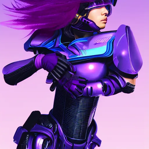 Prompt: a award winning action upper body portrait of a beautiful woman with a ombre purple pink hairstyle with head in motion and hair flying while wearing futuristic navy blue bodyarmor and pauldrons, outrun, vaporware, highly detailed, fine detail, intricate