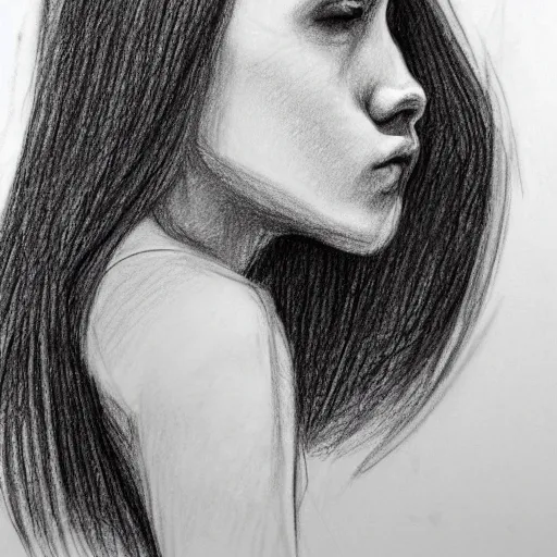 Image similar to drawing of a beautiful young woman that is about to bite into a banana, pencil sketch, profile, side view, close camera