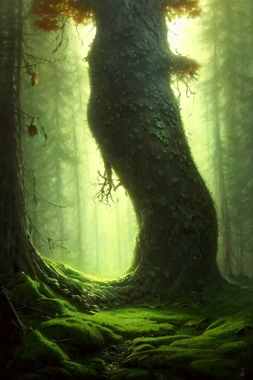 Prompt: great fat tree with a moss moustache in the woods by bayard wu, anna podedworna, gaston bussiere, greg rutkowski