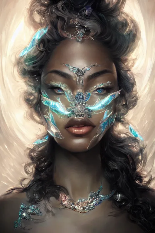 Prompt: beautiful black model face coveredd with diamonds wearing crystals, diamonds, angel, fantasy, dramatic lighting, highly detailed, digital painting, holding electricity, magic the gathering, hyper detailed, 3 d render, hyper realistic detailed portrait, peter mohrbacher, wlop, ruan jia