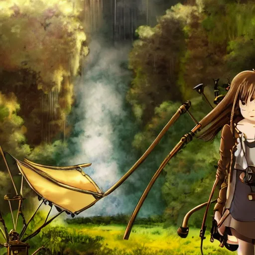 Prompt: girl with steampunk weapons and a steampunk prosthetic left arm, studio ghibli, anime, extremely detailed, landscape background, waterfall, trees, clouds, sky, cinematic lighting,