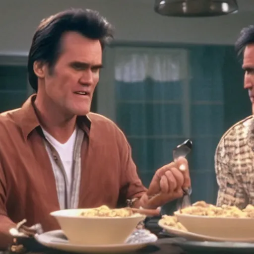 Prompt: a cinematic shot of Jim Carrey & Bruce Campbell eating from a bowl of cereal, cinematic, film grain, 8k
