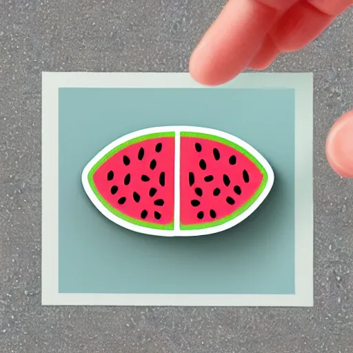 Image similar to hand holding cartoon diecut sticker of cute kawaii watermellon slice with white border and light gray background