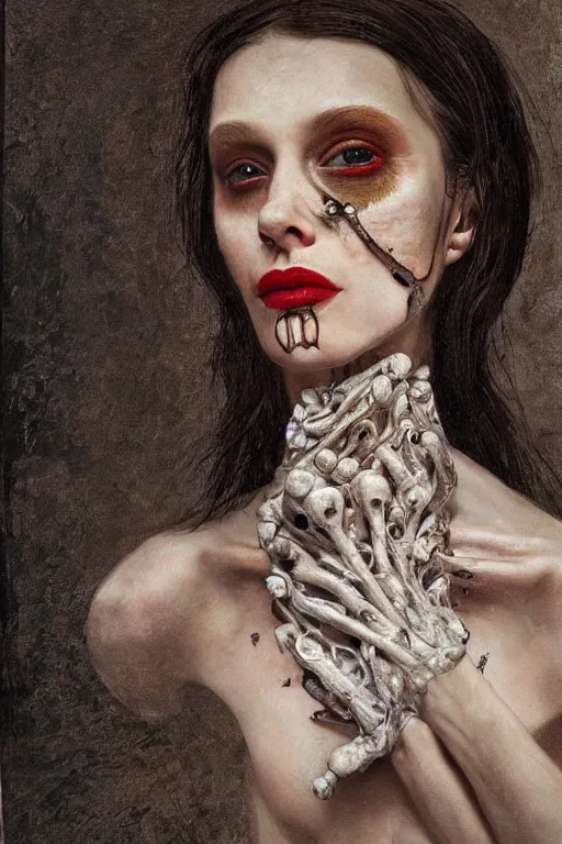 Prompt: hyperrealism close-up portrait of flowers merged medieval female hard melting cyborg , horror, microchips, pale skin, wearing dark silk, in style of classicism