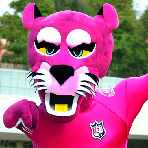 Image similar to sports team mascot, pink panther mascot costume, seals, the pink panthers, football mascot, anthropomorphic pink panther or cougar HD official photo, high quality costume, detailed fur, detailed material, NFL