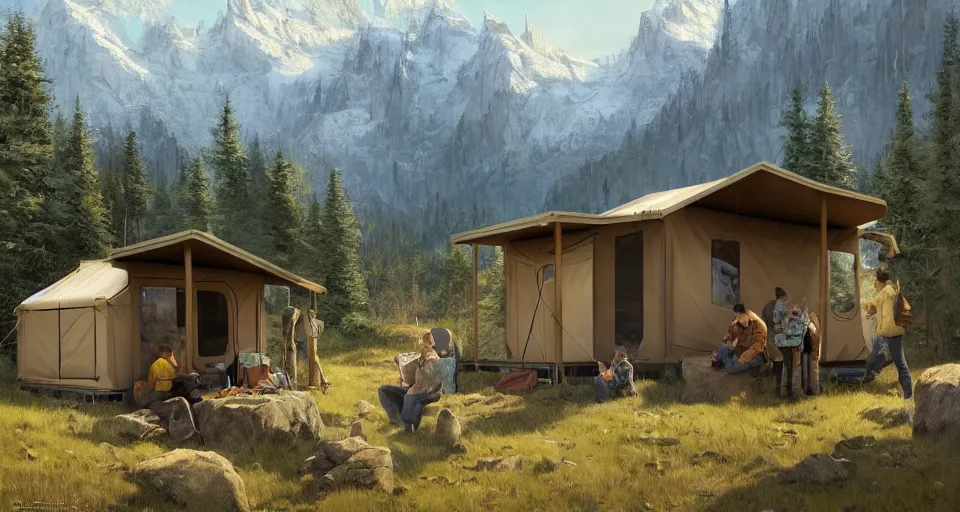 Image similar to cabela's beautiful comfortable community of modular insulated wall container home kit - house all weather military grade family dwelling tent house, person in foreground, mountainous forested wilderness open fields, beautiful views, painterly concept art, environmental concept art, concept art illustration, by james gurney, by craig mullins, by greg rutkowski trending on artstation