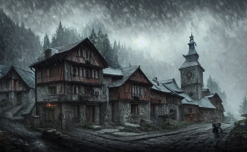 Image similar to extreme long shot concept art depicted rainy old austrian village, high details, dramatic mood, deep environment, art by legends of runeterra and tomasz jedruszek and gabor szikszai, trending on artstation, unreal engine, 8 k, 4 k
