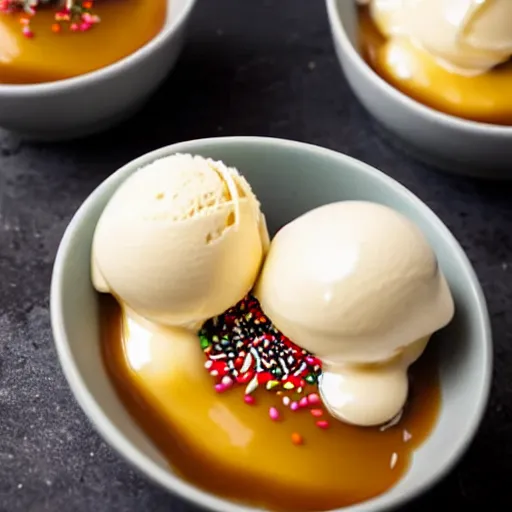 Image similar to closeup of a bowl with three balls of vanilla ice cream covered with caramel sauce and sprinkles. Simplistic.