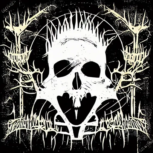 Image similar to dark death metal themed vector illustration for a record label, trees. forest, spikes, skull, microphone, skull, award winning, grunge, iconic, golden ratio