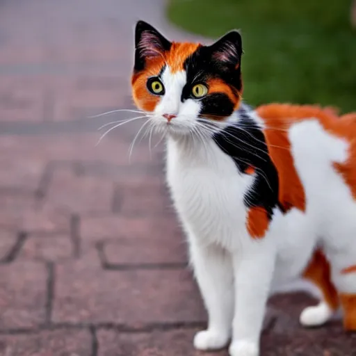 Prompt: a calico cat standing on a corner holding a blank picket sign.