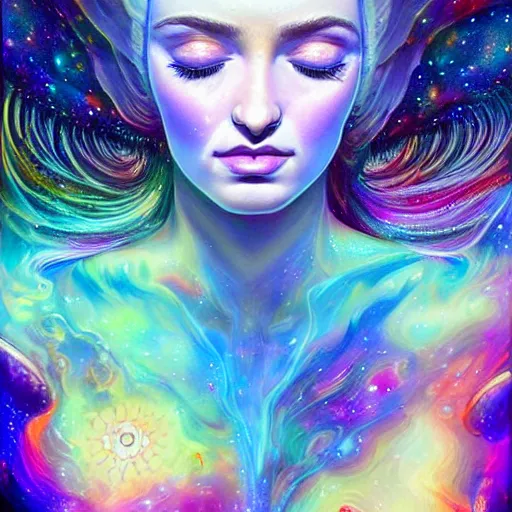 Prompt: a galaxy colored psychedelic chakra awakening kundalini ethereal portrait of kim petras with her eyes closed transcending to a higher plane of existence, eternal blessing, multiverse, by android jones, by ben ridgeway, visionary art, by artgerm, featured on artstation, cgsociety, by greg rutkowski