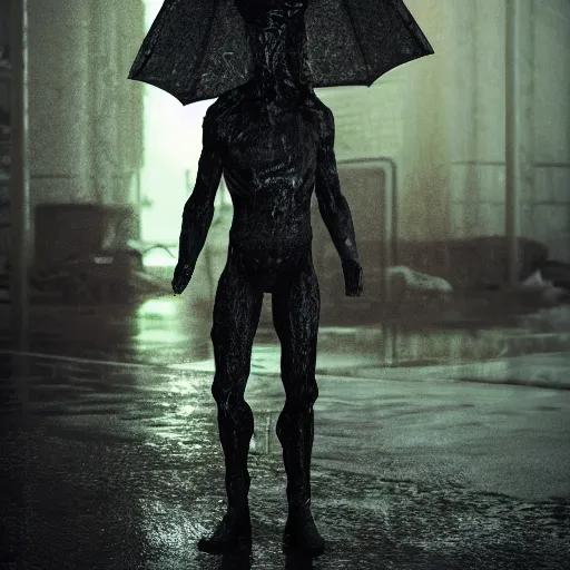 Image similar to demonic figure standing in the rain after big battle soldiers dead behind him dark award winning, trending on artstation, unreal engine