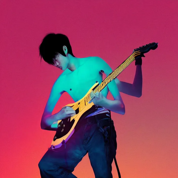 Prompt: a young korean man plays electric guitar on stage, dramatic lighting, glowy, matte colors, fascinating music, by conrad roset, dramatic digital art, trending on artstation