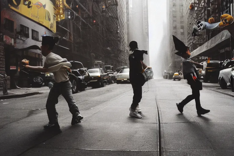 Image similar to closeup potrait of a pokemon battle in a smoky new york back street, natural light, sharp, detailed face, magazine, press, photo, Steve McCurry, David Lazar, Canon, Nikon, focus