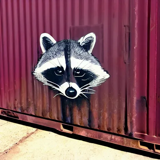 Image similar to raccoon graffiti on rusty green shipping container,