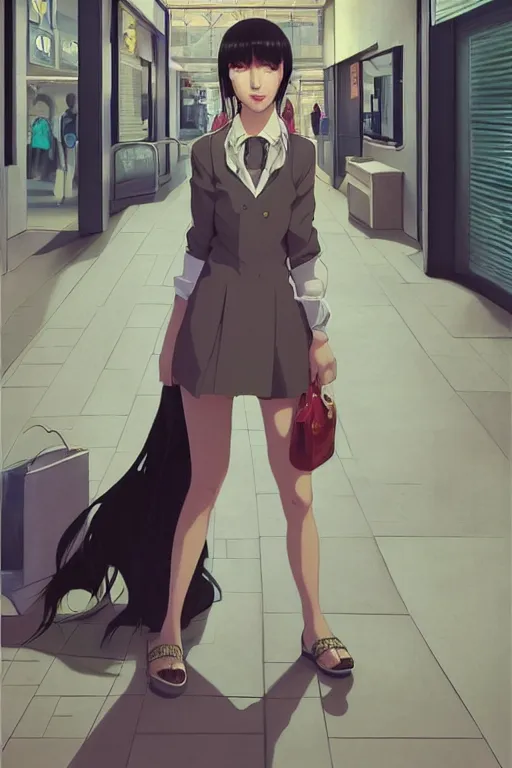 Prompt: a girl in the mall, full body shot, intriguing outfit, fine - face, realistic shaded perfect body, fine details. night setting. very anime style. realistic shaded lighting poster by ilya kuvshinov katsuhiro, magali villeneuve, artgerm, jeremy lipkin and michael garmash, rob rey and kentaro miura style, trending on art station