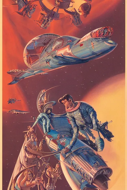 Prompt: realistic detailed 1 9 5 0 s style movie poster, retrofuturistic, beautiful vampires in space. moebius, brom, ian miller, moody vibrant colors, 4 k