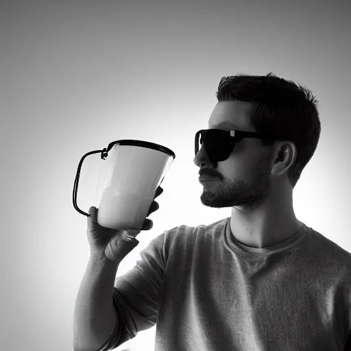 Prompt: a beautiful portrait of a bloke lost in his thoughts, wearing a pair of futuristic sunglasses, contemplating the beauty of a jug of milk he's holding, photography, volumetric lighting, 8 k