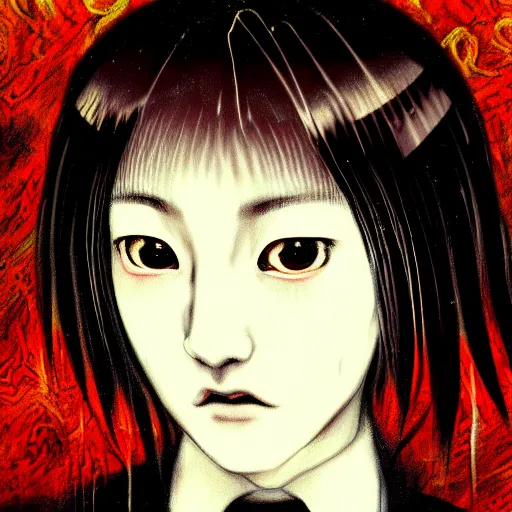 Image similar to yoshitaka amano blurred and dreamy realistic three quarter angle horror portrait of a sinister young woman with short hair, horns and red eyes wearing office suit with tie, junji ito abstract patterns in the background, satoshi kon anime, noisy film grain effect, highly detailed, renaissance oil painting, weird portrait angle, blurred lost edges