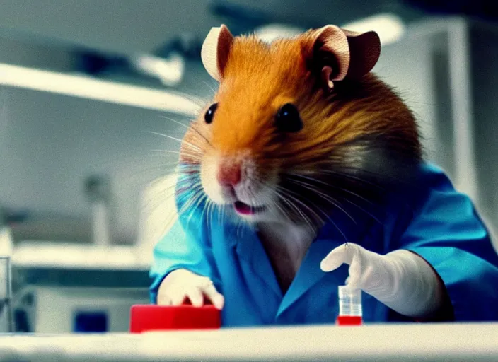 Image similar to film still of a hamster working in a research lab finding the cure for cancer, 8 k