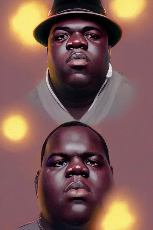 Image similar to portrait of notorious big with hat, staring directly into camera, intricate, elegant, glowing lights, highly detailed, digital painting, artstation, sharp focus, illustration, art by wlop, mars ravelo and greg rutkowski