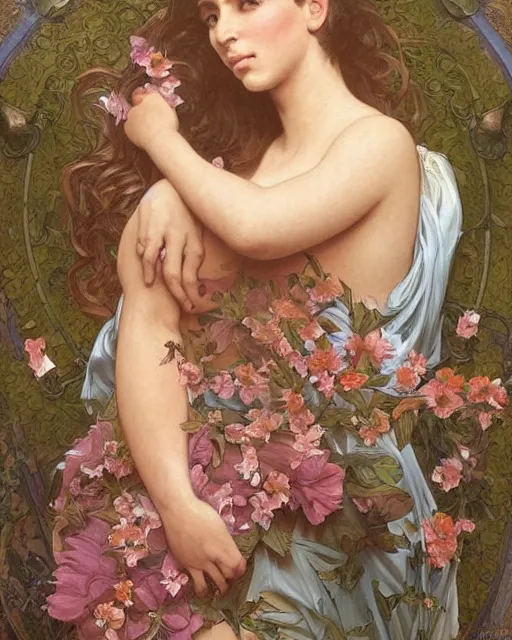 Image similar to an art nouveau portrait painting of a shy, blushing, kim kardashian as a princess lying among flower petals, hair fanned around, intricate, elegant, highly detailed, artstation, concept art, by krenz cushart and donato giancola and william adolph bouguereau and alphonse mucha