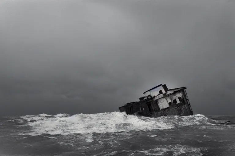 Image similar to high key lighting, lighting storm, danila tkachenko, shipwreck, photograph of an abandonet soviet building bloc in the middle of the ocean, big waves