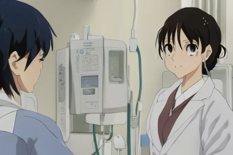 Prompt: a cute and beautiful young lady, a radiologist wearing white coat in a hospital ward, highly detailed, slice of life anime, anime scenery by Makoto shinkai