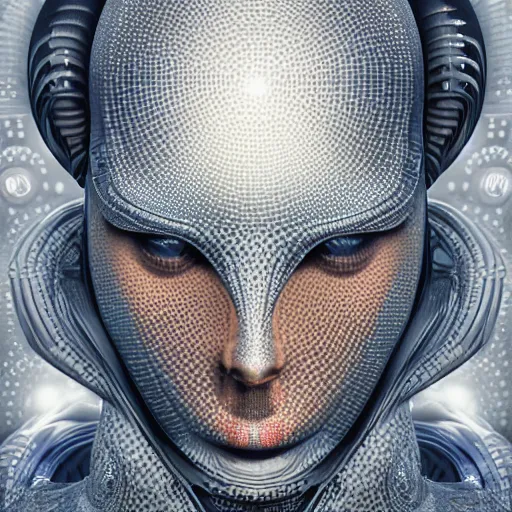 Image similar to an insanely detailed cibernetic artwork of a futuristic artificial intelligence superstar, extremely detailed water texture, centered image, perfectly symmetrical alien face, with frames made of detailed fractals, octane render, 4k, insanely detailed, detailed grid as background, photorealistic digital art, cgi