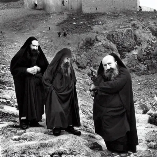 Prompt: photo of breton monks looking like rasputin with with athos monks on athos, with a goat