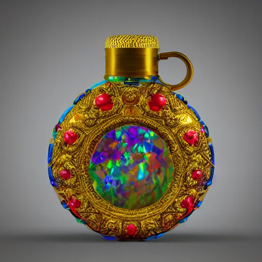 Prompt: colorful bright mana life glass, intrincate gold ornamentals, flask unreal engine hyperreallistic render 8k