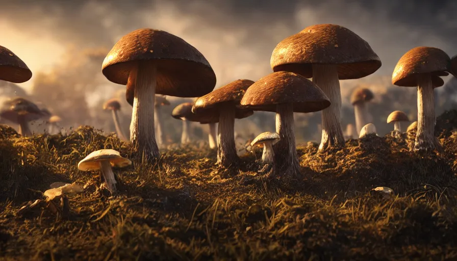 Image similar to hyper realistic highly detailed nature photography of mushroom skeleton zombies, prehistoric planet, volumetric lighting, octane render, 4 k resolution, golden hour