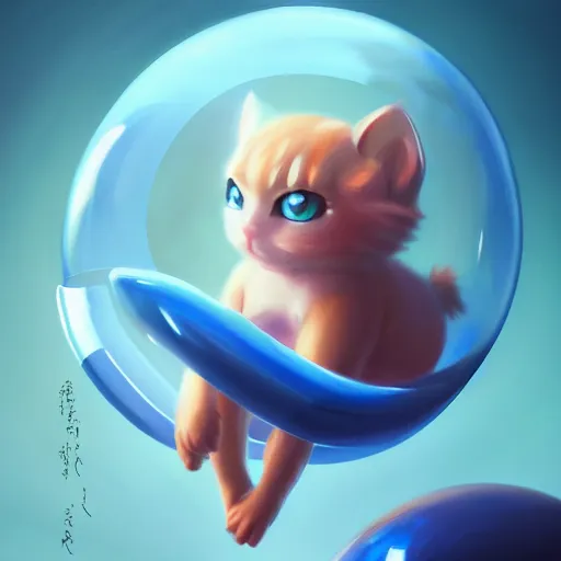 Image similar to cinematic portrait of cute Mew riding large blue bubble, oil on canvas, masterpiece, trending on artstation, featured on pixiv, cinematic composition, dramatic pose, beautiful lighting, sharp, details, hyper-detailed, HD, HDR, 4K, 8K