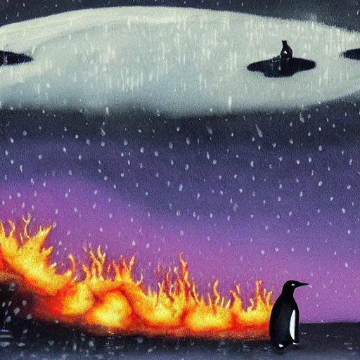 Prompt: penguin with a hat is looking at a burning forest which is sadly beautiful, dystopian cinematic painting, k high detail, with radioactive rain and purple lightnings by aleksandra waliszewska and aoi ogata