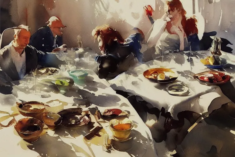 Prompt: paint brush strokes, abstract watercolor painting of deliciousness on table cloth, leaves, art by hans dahl, by jesper ejsing, art by anders zorn, wonderful masterpiece by greg rutkowski, cinematic light, american romanticism by greg manchess, creation by tyler edlin