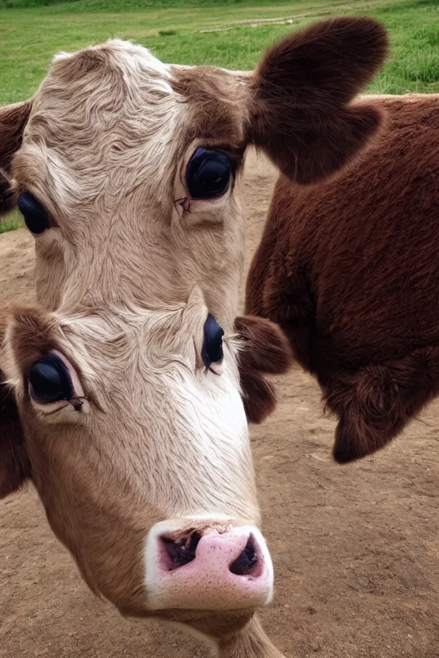 Prompt: a cute calf looking into the camera