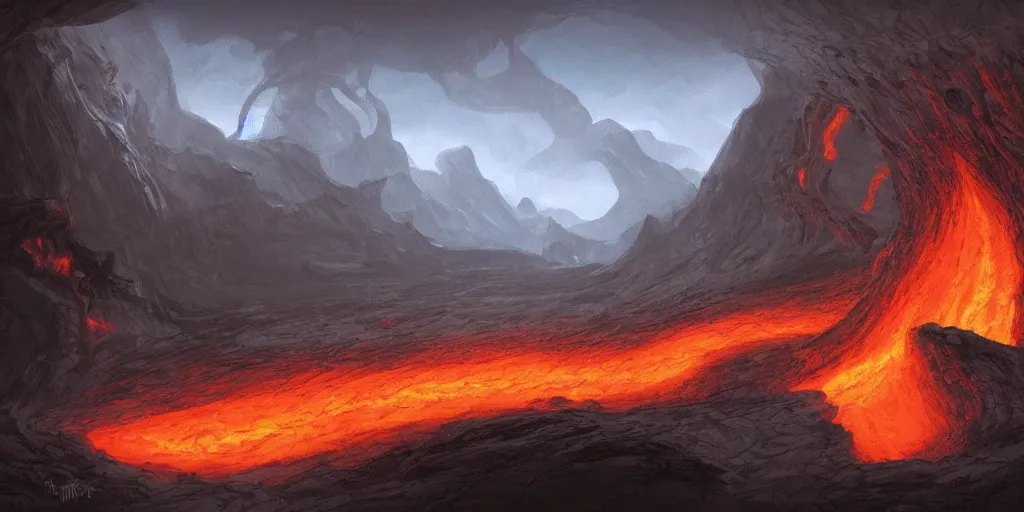 Image similar to Fantasy concept art of a canyon with a lava river. Concept art, wide, highly detailed.