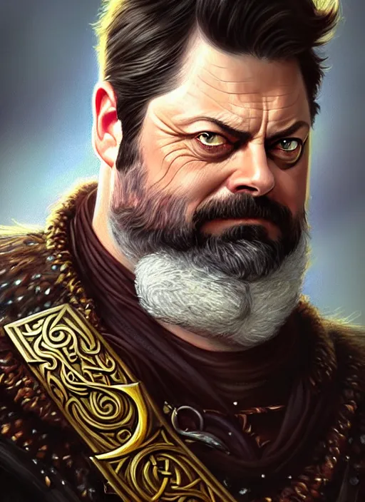 Prompt: portrait of nick offerman as odin, d & d, muscular, eyepatch! fantasy, intricate, elegant, highly detailed, digital painting, artstation, concept art, smooth, sharp focus, illustration, art by artgerm and greg rutkowski and alphonse mucha