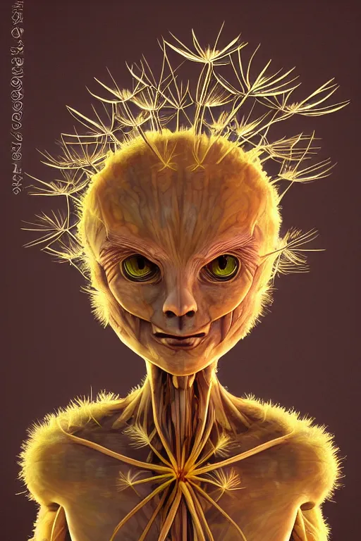 Image similar to a humanoid figure dandelion plant monster, amber eyes, highly detailed, digital art, sharp focus, ambient glow, trending on art station, anime art style