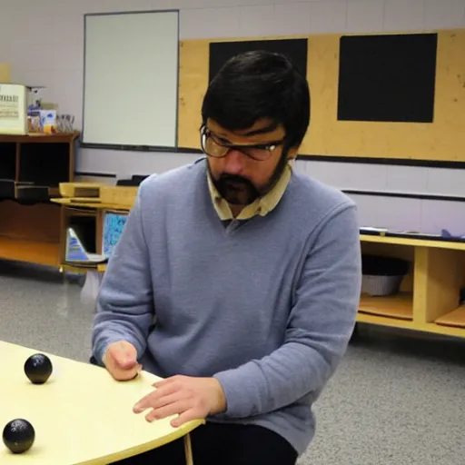 Prompt: teacher creating to - scale model of human eye for pedagogy purposes using bowling balls