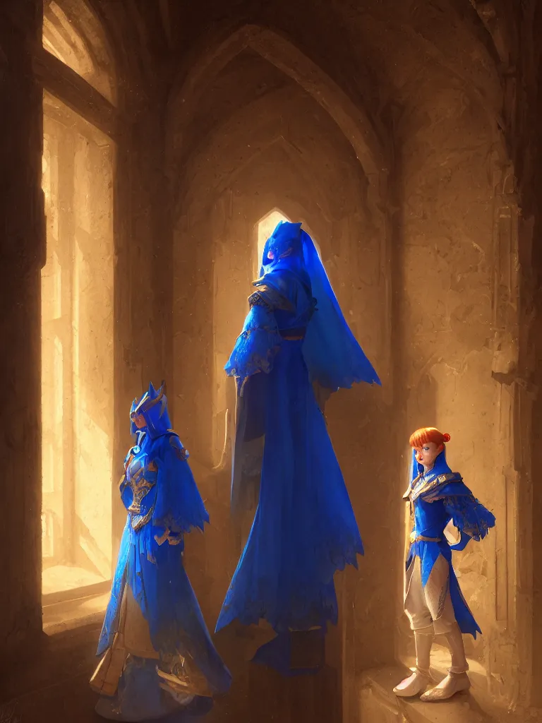 Image similar to daily life portrait of a ginger maiden inside a castle, god ray, gloomy, strong subsurface scattering, cobalt blue, symmetrical, highly detailed, digital painting, artstation, art by artgerm and greg rutkowski, concept art, smooth, sharp focus, illustration, cinematic lighting, 8 k resolution