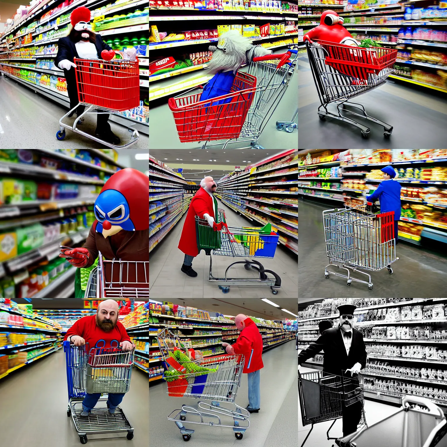 Prompt: dr. robotnik pushing a shopping cart at a supermarket, photograph