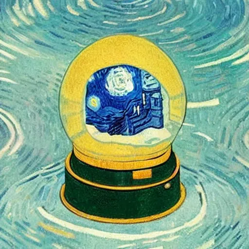 Image similar to a space rocket inside a snow globe by van gogh