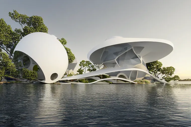 Prompt: a building formed by the intersection and fusion of many white spherical and egg - shaped spaces. on the calm lake, people's perspective modern curved architecture, future, wood, marble, metal award winning, highly detailed 4 k art, dusk, unreal engine highly rendered, global illumination, radial light, internal environment by kazuyo sejima