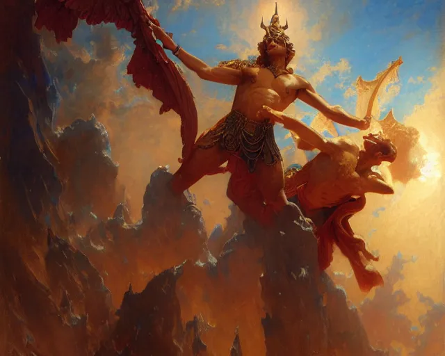 Image similar to attractive heroic male deity, casts magic, summoning handsome heroic lucifer morning star. highly detailed painting by gaston bussiere, craig mullins, j. c. leyendecker 8 k