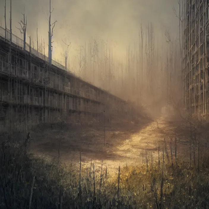 Image similar to a beautiful painting of pripyat by greg rutkowski and zdzisław beksinski and rene magritte, in style of digital art. hyper detailed, sharp focus, soft light. unreal engine 5. ray tracing. trending on artstation