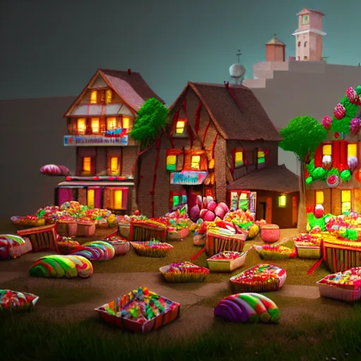 Image similar to Village made of sweets, 4k octane render, detailed art, artstation, streetview, CGSociety, deviantart