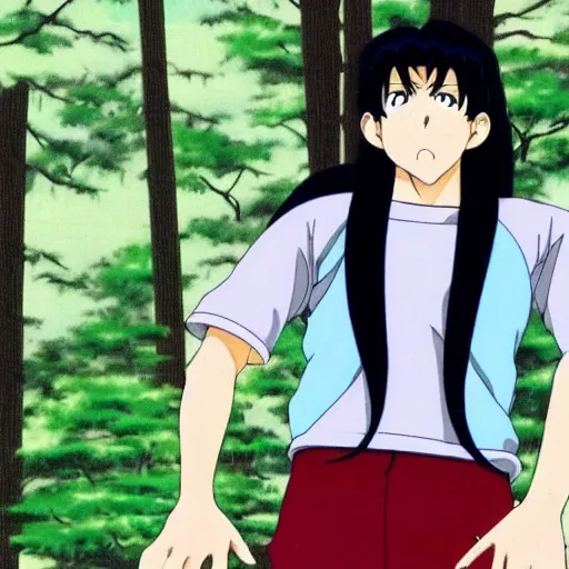 Image similar to a still of a 90s OVA anime of a man with black hair wearing a red shirt in a forest