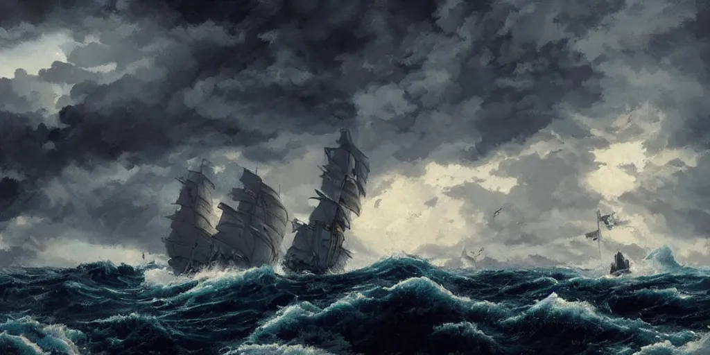 Prompt: A chinese sailing boat struggles through stormy seas, an intense storm blacks out the sky, lit by lightning, Greg Rutkowski and Studio Ghibli