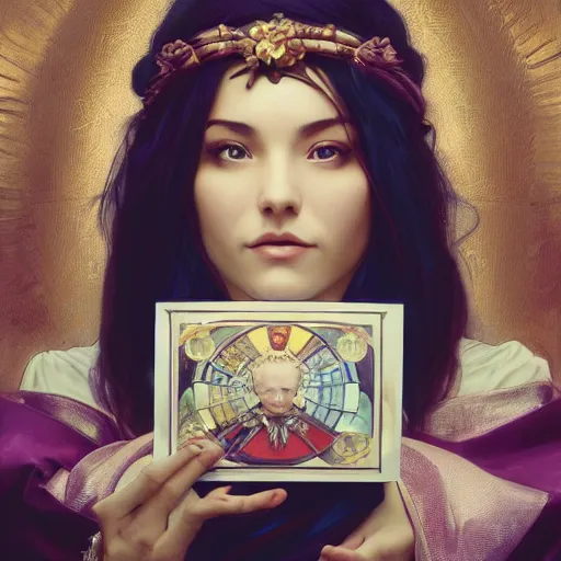 Image similar to a fortune teller holding a wrapped birthday gift with a confused look on their face, art by artgerm and greg rutkowski and alphonse mucha, concept art, octane render, unreal engine 5, highly detailed, high quality, 8 k, soft lighting, realistic face, path traced